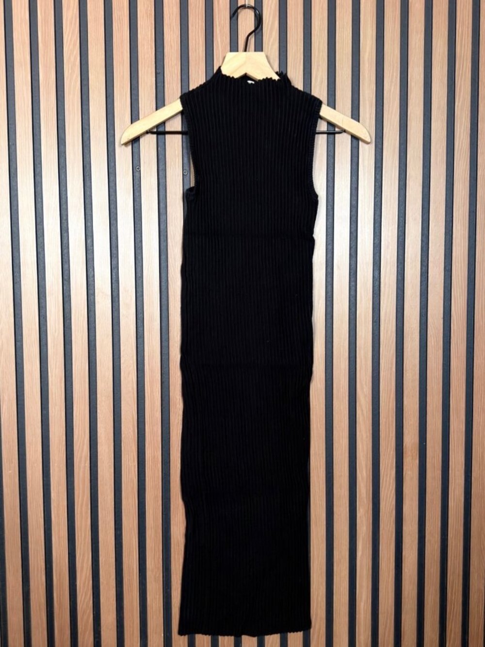 UNIQ Dress S / M Womens Black Ribbed Mock Neck Bodycon Cotton Stretch Sleeveless